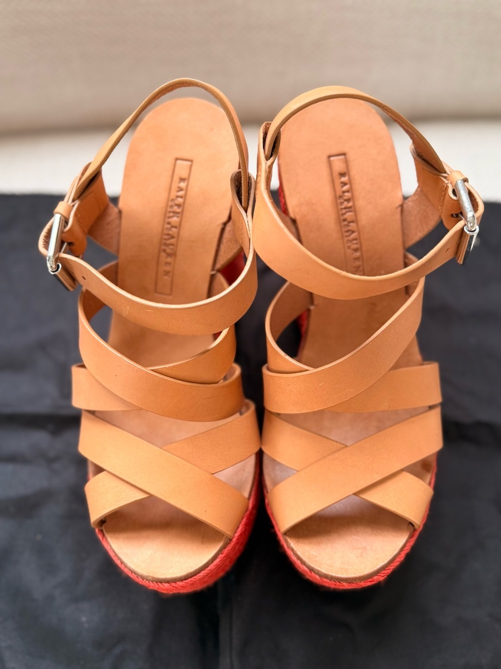 Ralph Lauren Purple Label Tan Leather Platform Sandals with Red Trim